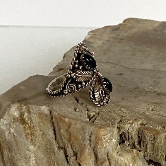 VTG Sterling Silver 925 Southwest Native Style Black Onyx Bypass Band Ring Sz 7 - Picture 6 of 16